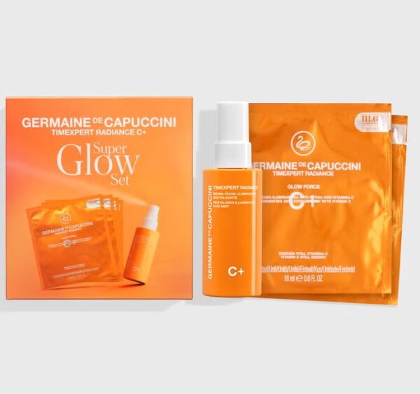 germaine de capuccini Timexpert radiance C+ super glow set bestaande uit een oranje geschenkverpakking, een glow force sheetmasker en een verfrissende gezichtsspray (face mist)
