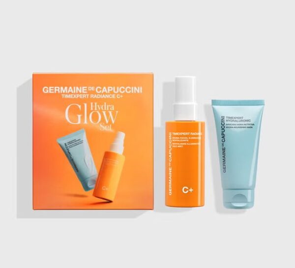 Germaine de capuccini timexpert hydra glow set met radiance C+ facial mist en hydraluronic masker in oranje verpakking