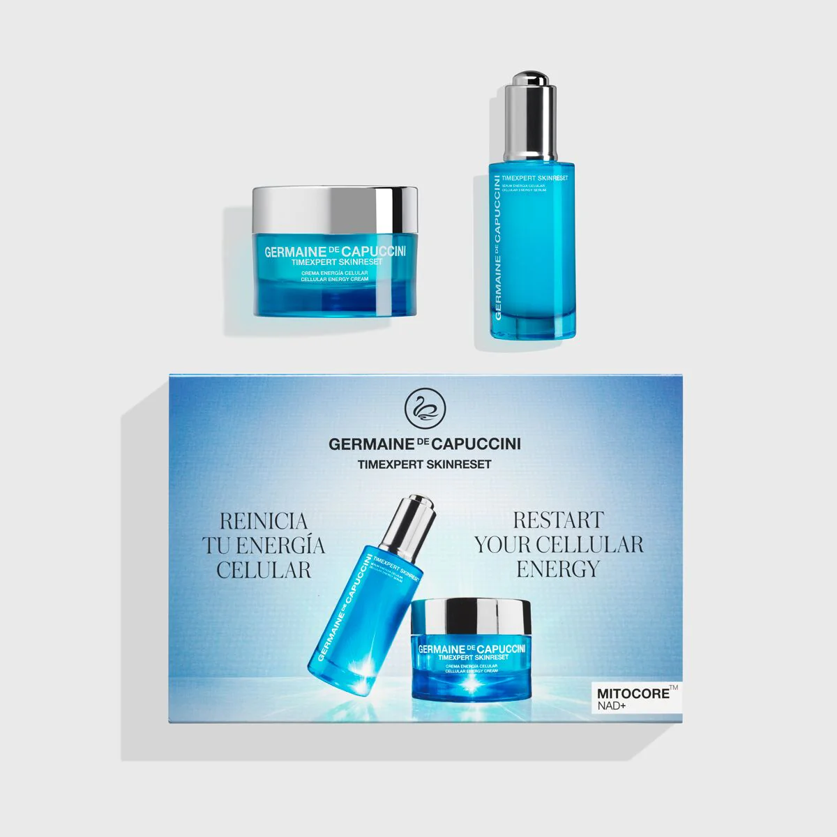 Blauw Germaine de Capuccini Timexpert Skinreset set met een gezicht crème, serum en de productdoos.