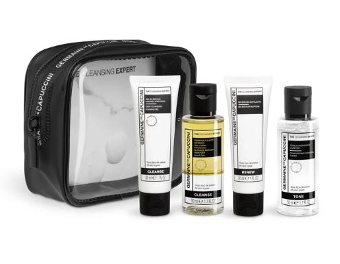 Germaine de Capuccini cleansing expert travel set reinigingsgel, toner, scrub en eye make-up remover in transparant reistasje.