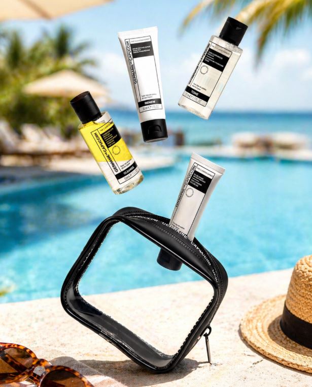 Germaine de Capuccini cleansing expert travel set reinigingsgel, toner, scrub en eye make-up remover in transparant reistasje.